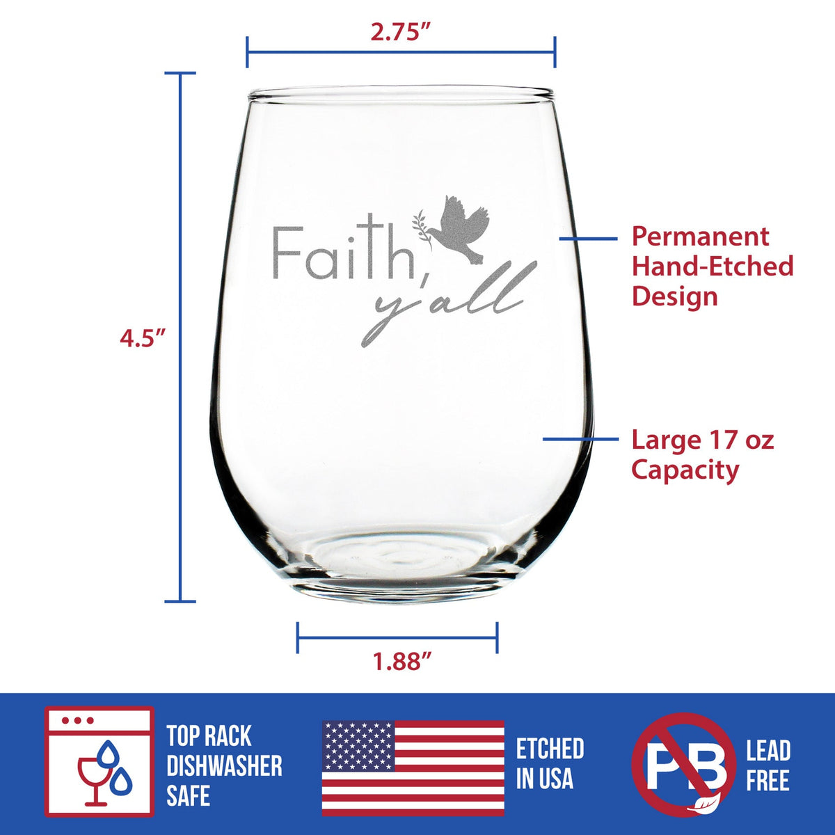 Faith Y'all Engraved Stemless Wine Glass Gifts Christianity Gifts for Christians Large Wine Glasses - 17 oz