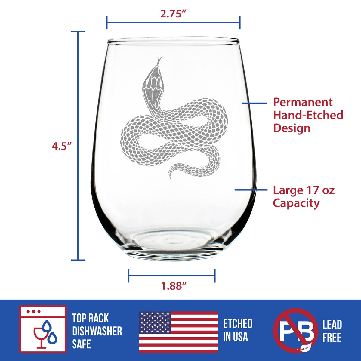 Snake Engraved Stemless Wine Glass Reptile Decor and Gifts for Snake Lovers Large Wine Glasses - 17 oz